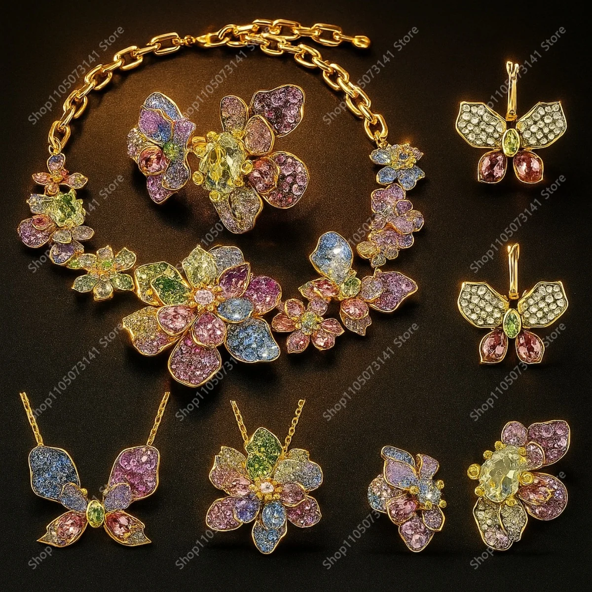 

2025 Fashion Flower Butterfly Colorful Jewelry Set Unique Design Banquet Versatile Necklace Pendant Earnail Ring - Holiday Gift