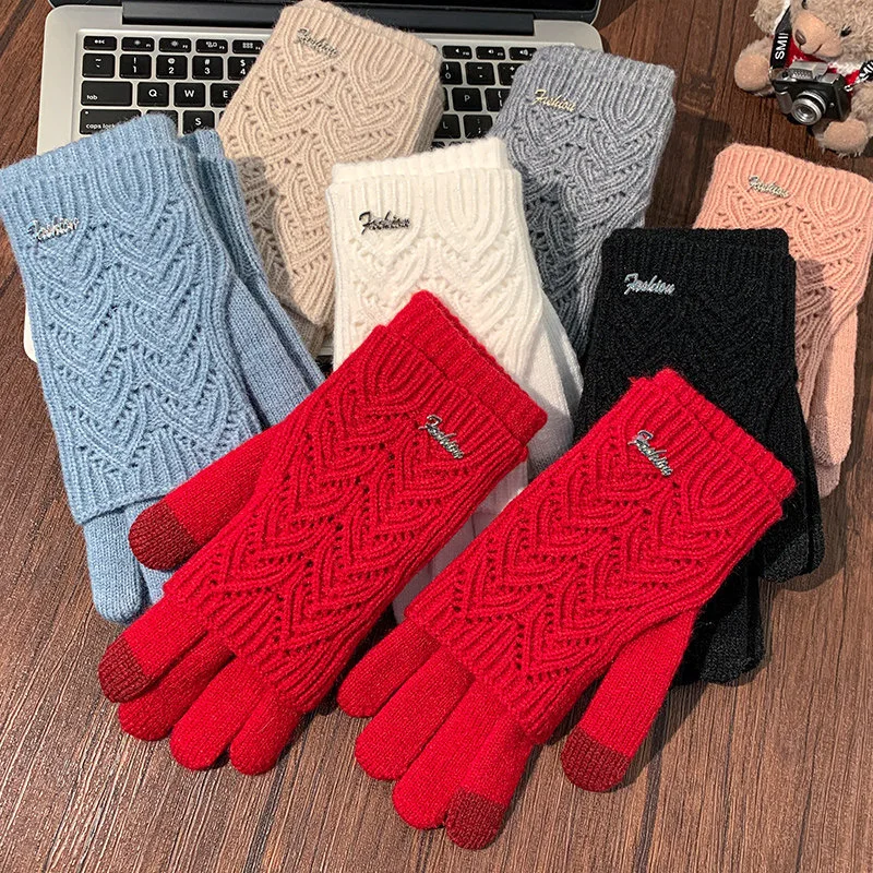 Red Knitted Touchscreen Gloves Women's Autumn Winter Two-Piece Set Warm Hollow out Fingerless Five-Fingered Hand Warmers
