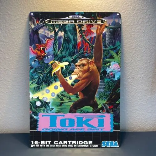 Placa de Metal Retrô Toki Mega Drive para Videogame, 20x30cm - Alumínio