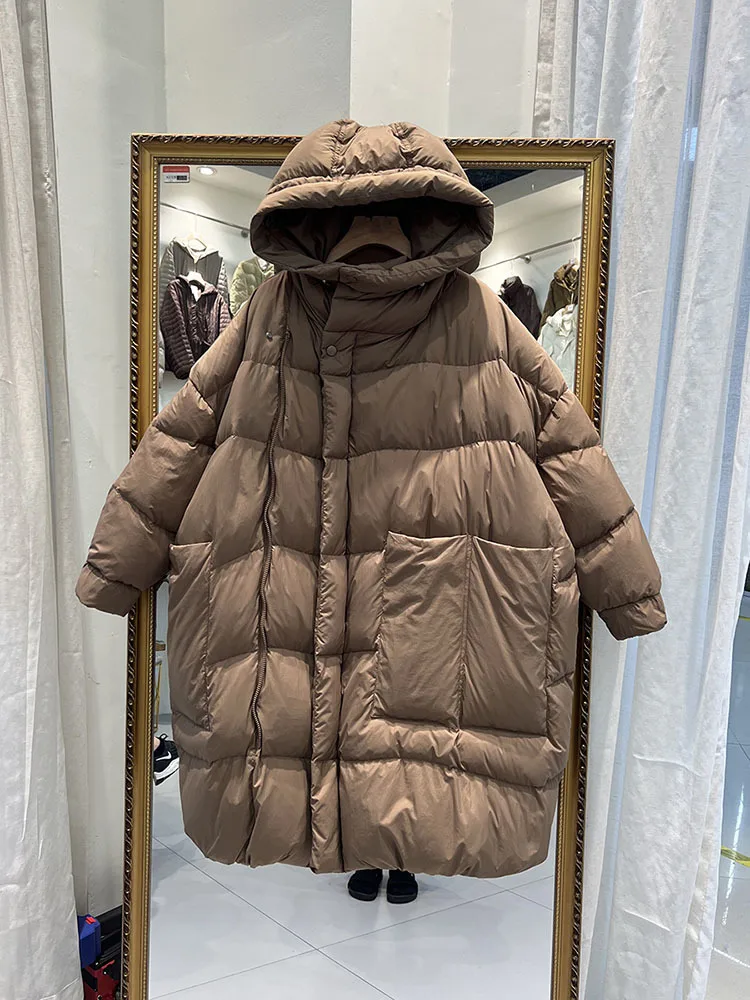 Veste longue en duvet de canard blanc avec capuche pour femme, manteau surdimensionné, vêtements d\'extérieur chauds, grandes poches, style coréen,