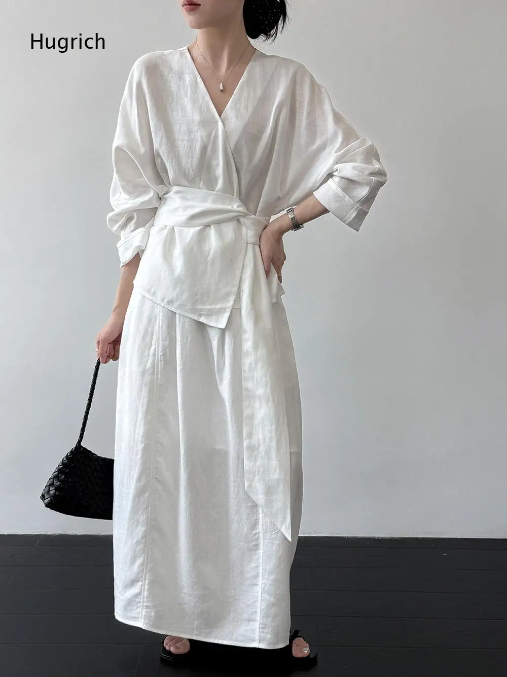 Women White V Neck Wrap Tie Waist Long Sleeve Top And Loose Long Skirt Two Piece Matching Outfit Soft Texture Daily Casual Suit