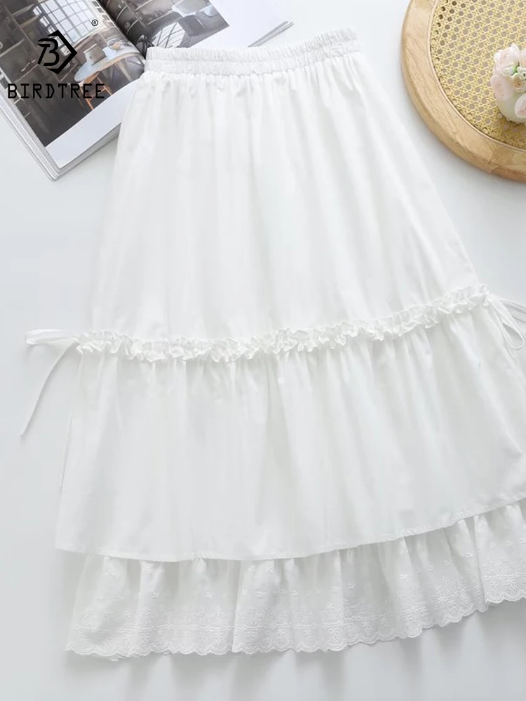 

New 2026 Summer Women Cotton Skirt, Elastic Waist Lace Ruffles Patchwork, Mori Girl French Age Reduction Loose Skirt B64891CC