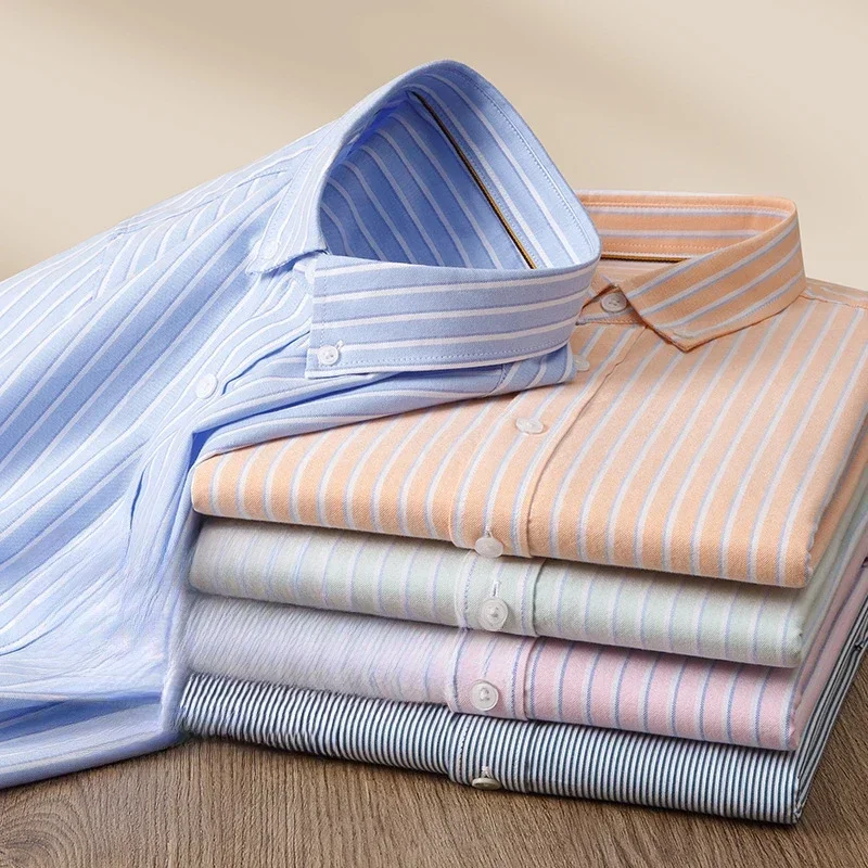 

2025 Oxford 00% Cotton Striped Long Sleeve Shirts for Man Slim Fit Casual Plian Shirt Trends Designer Tops Clothes 1