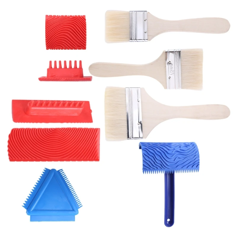 9Pcs Graining Painting Tool Set Rubber Empaistic Graining Pattern Roller with Handle Household Wallpaper Roller