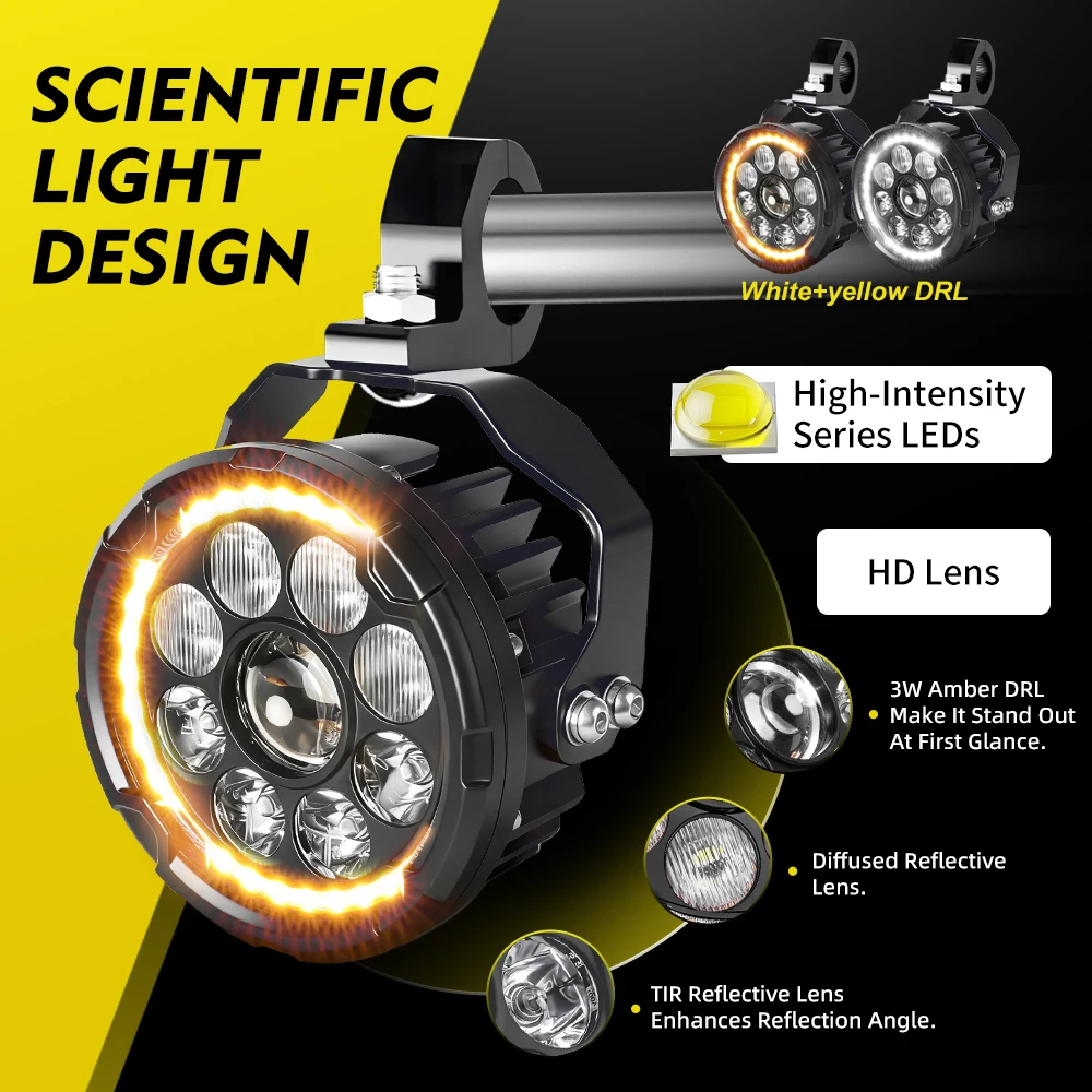 MGLLIGHT 5 inch Dimmable Strobe Off Road Front Light White Yellow DRL Motorcycle Spot Lights 12-80V Multifunctional Auxiliary Lamp For ADV Motorbike GS BMW