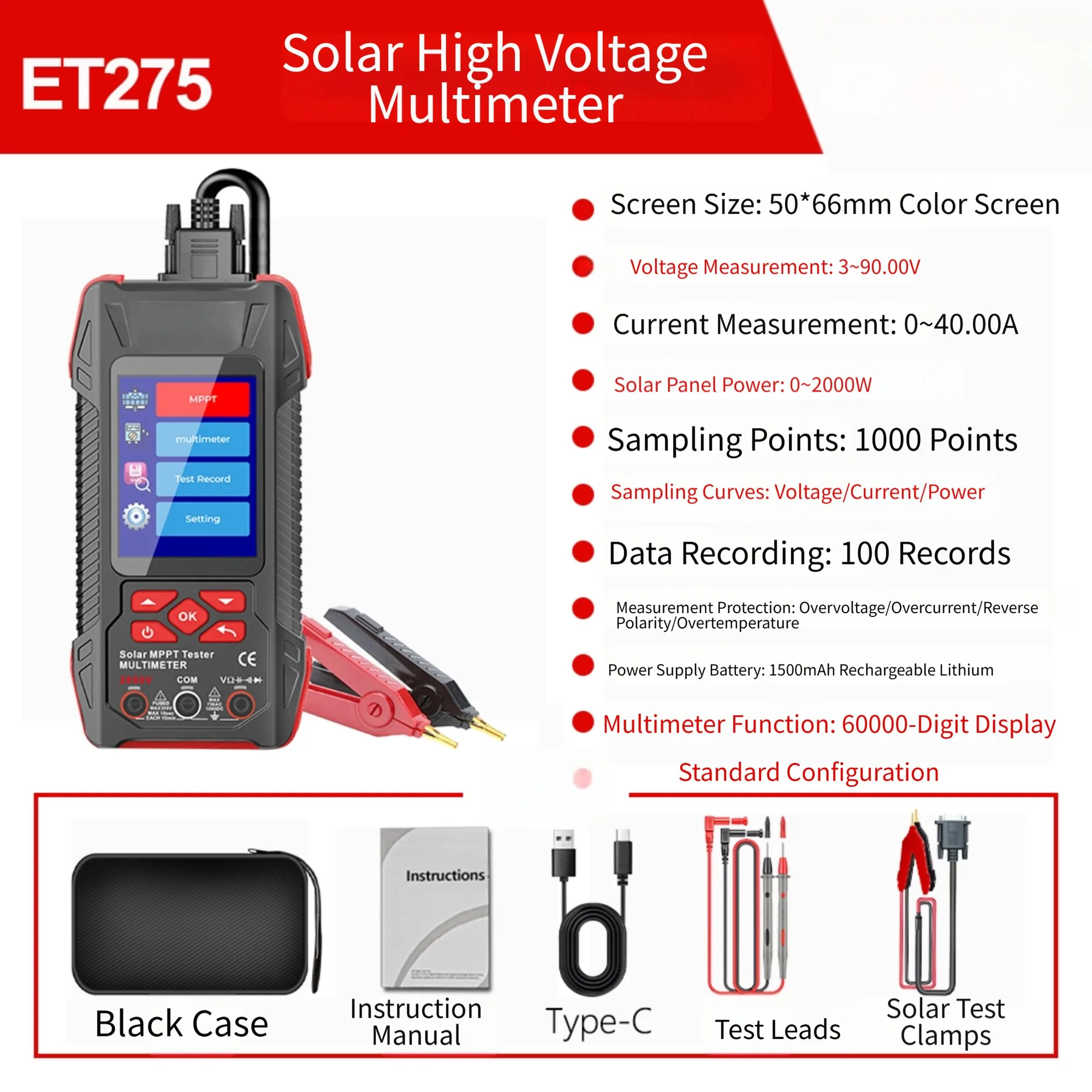 ET273 For Solar For MPPT Tester 2000W for Photovoltaic Installers 3.2 inch 240x320 Screen ET275 60000 Count Digital Multimeter