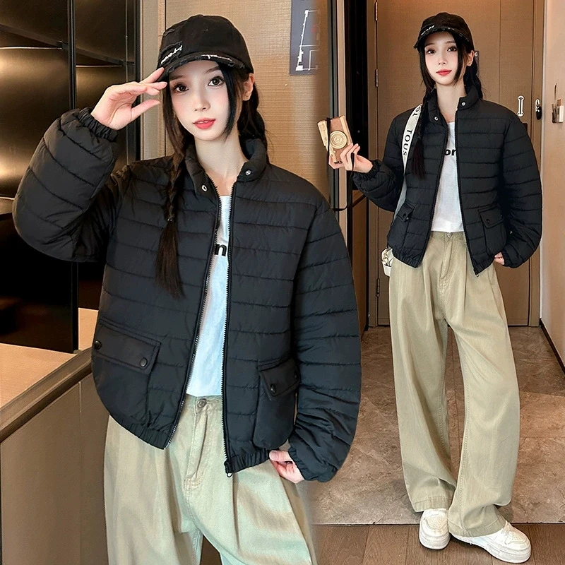 Herfst Winter Dames Lichtgewicht Donskatoen Korte Slanke Effen Kleur Eenvoudige Warme Geurige Parka's