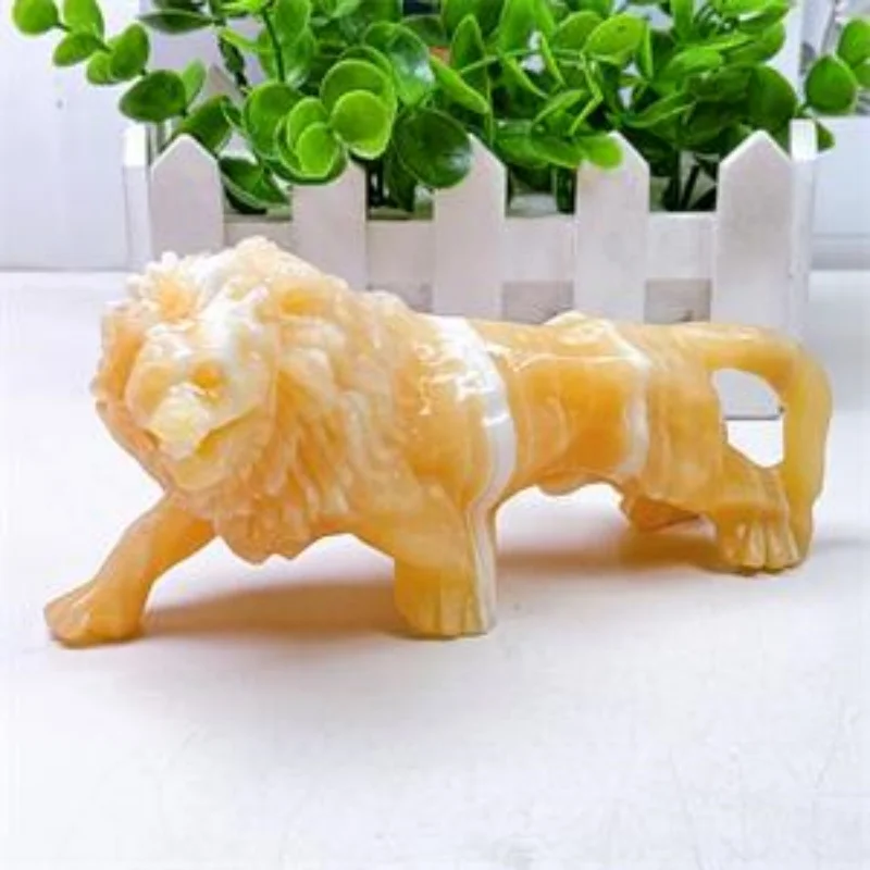 

Natural Yellow Clacite Lion Carving Powerful Animal Figurine Energy Crafts Fashion Fengshui Home Decoration Gift