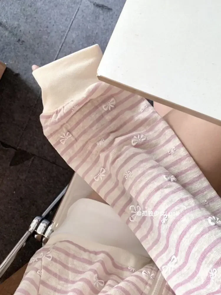 Sweet Pink Striped Bow Print Cardigan Coat Women 2025 Early Autumn New Hoodie Tops Mujer Y2k Long Sleeve Zip  Sweatshirts