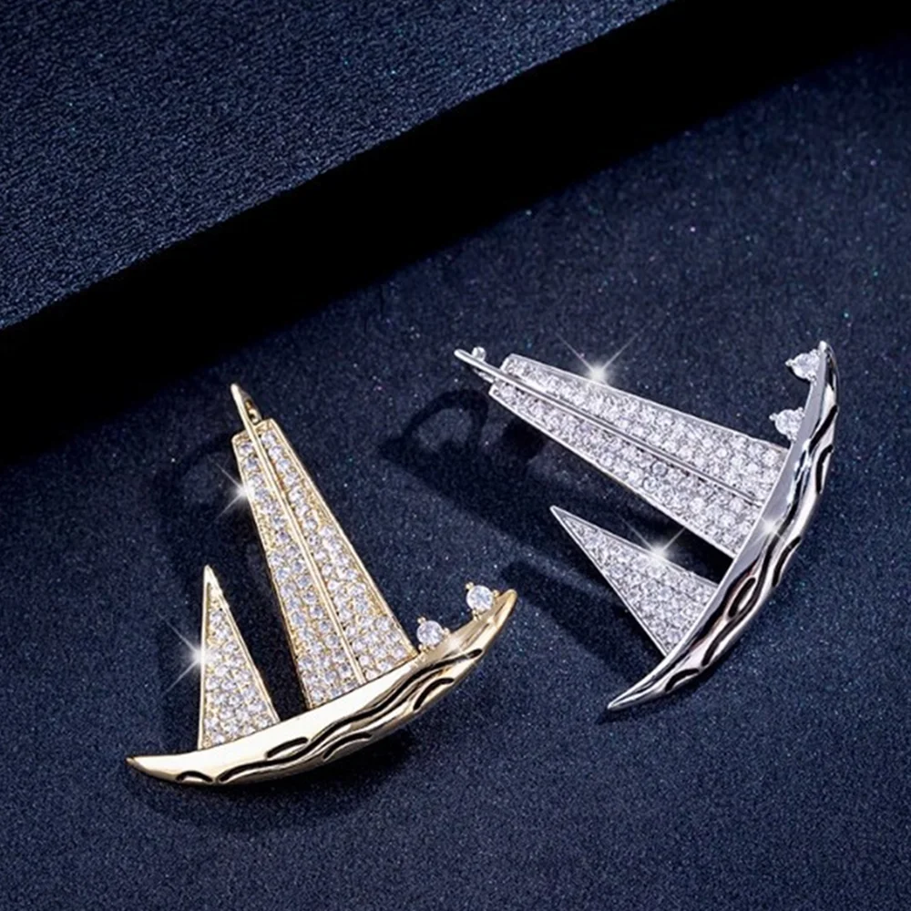 Fashionable sailing ship enamel zircon brooch, women's anti-exposure pin, metal button to fix clothes, wedding party gift