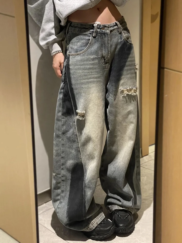 Waed American Retro Denim Jeans Uomo Donna Gamba larga ampia Foro dritto Design Trendy Bla Dirtin Pantaloni lunghi Autunno