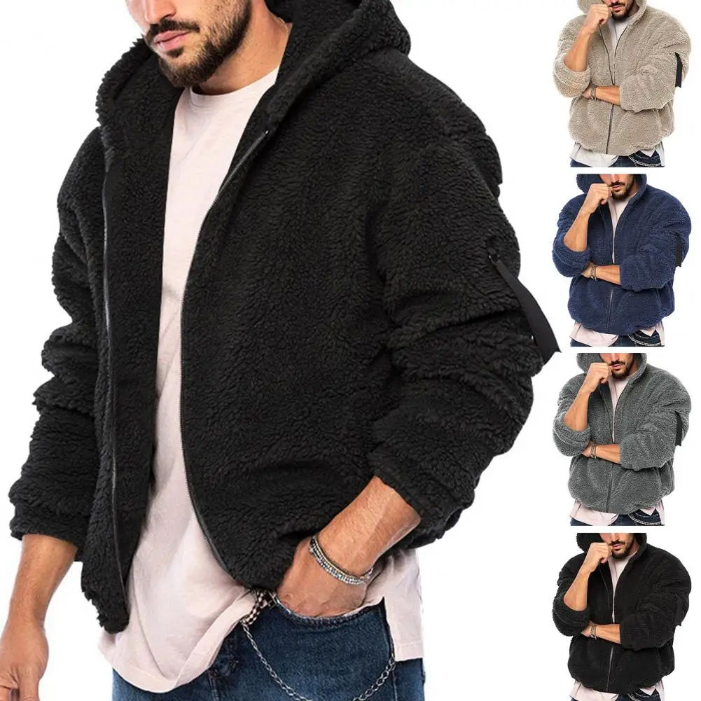 

Men Jacket Men's Double-sided Fleece Hooded Winter Coat with Soft Long Sleeve Cold Resistant Pockets Thick Solid for Autumn