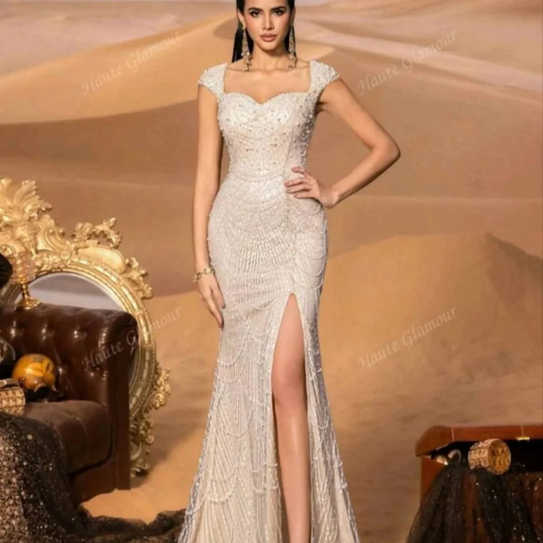 벨라 맞춤 비즈 장식 머메이드 사이드 슬릿 파티 드레스 스파게티 스트랩 백리스 플로어 길이 프로미 드레스 2025