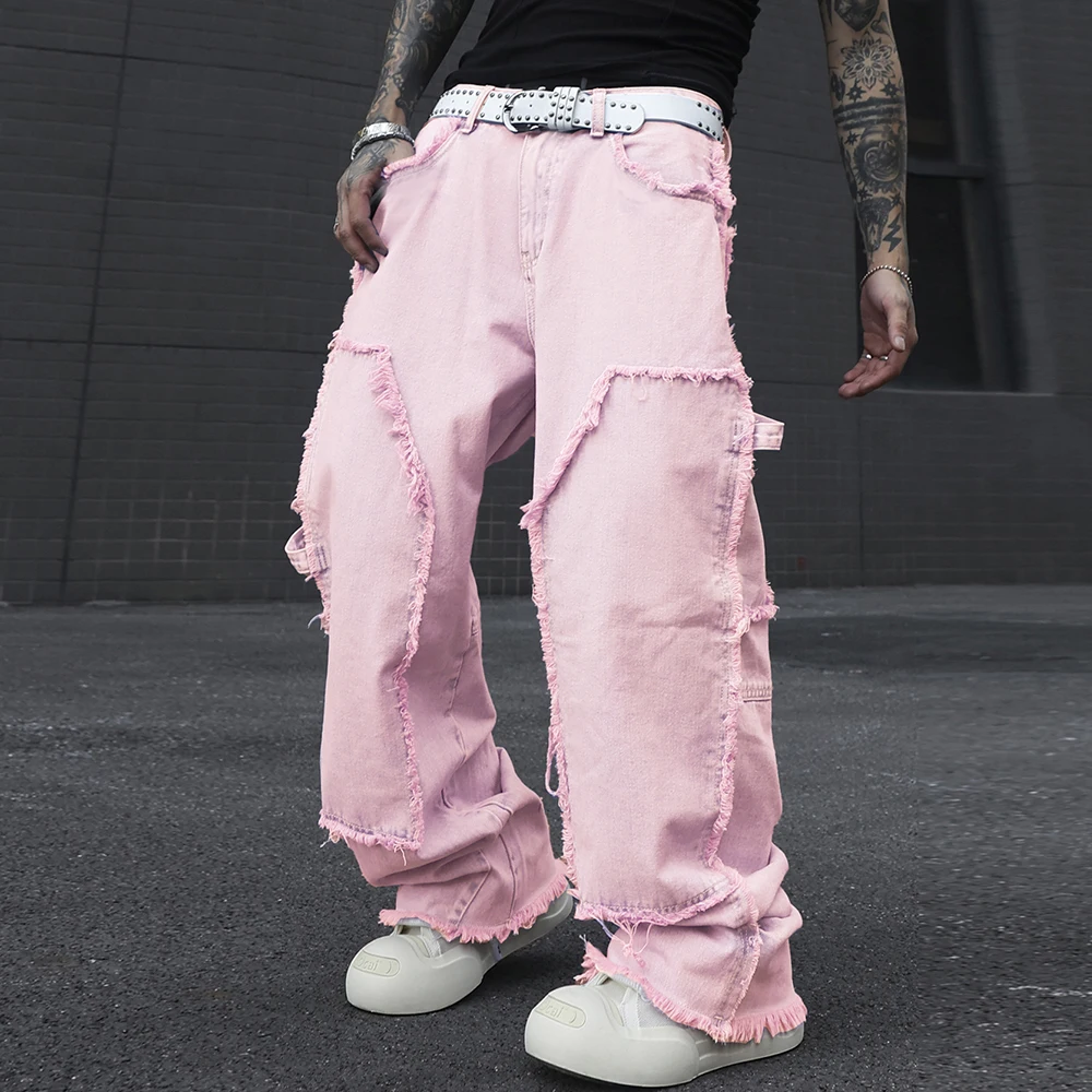 Men's Stacked Jeans Hip Hop Loose Fit Pink Denim Pants Baggy Oversized Streetwear Fringe Carpenter Trousers
