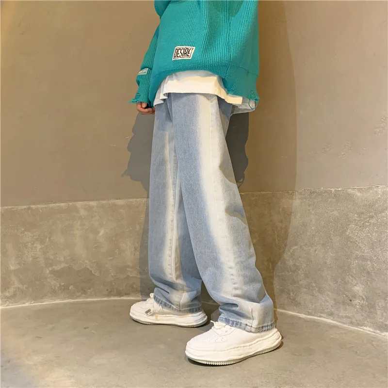 

Мужские потертые джинсовые брюки, широкие джинсы до щиколотки, средняя талия, потертые карманы, прямые брюки на молнии, винтажные