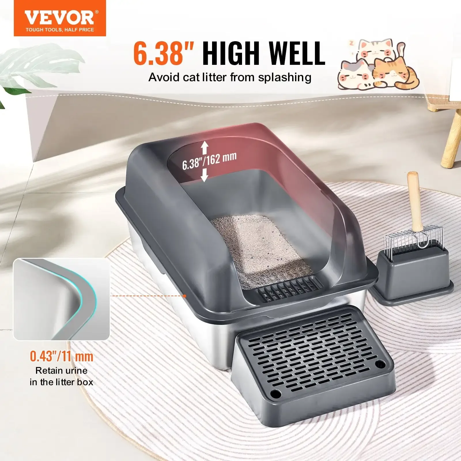 

6 in Deep Cat Litter Box Odor-Free Litter Box with Filtering Foot Board