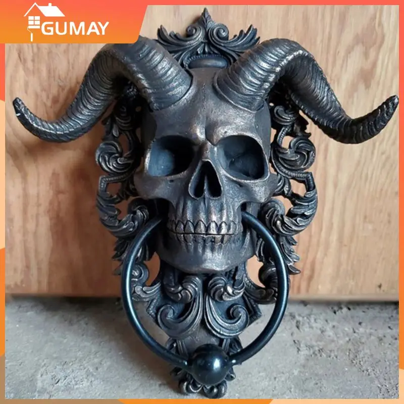 Horned Skull Statues Hanging Door Knocker Vintage Iron Shofar Heavy Duty Gothic Doorknocker Door Handle Perfect Decoration Home