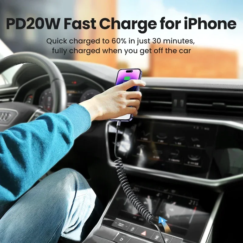 UGREEN MFi Car Spring USB C To Lightning Cable PD30W Fast Charging data For Apple iPhone14 13 12 11 Charger 1.2m Carplay Braided