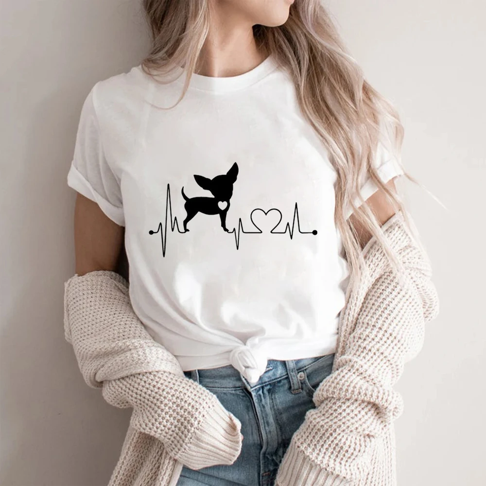 Dog Paw Print Heartbeat T-Shirt, Pet Lover Life Line Graphic Casual Tee, Dog Mom Top  Women T Shirt Y2k Top Gothic Harajuku
