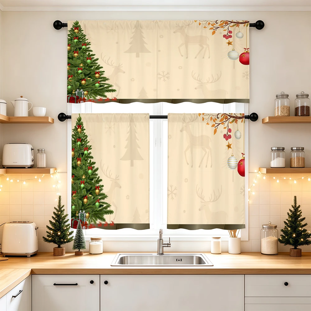 Christmas Kitchen Curtains, Ivory Tree Deer Snowflake Ball, Digital Print, Kitchen Dining Room, Rod Pocket Polyester, Home Decor