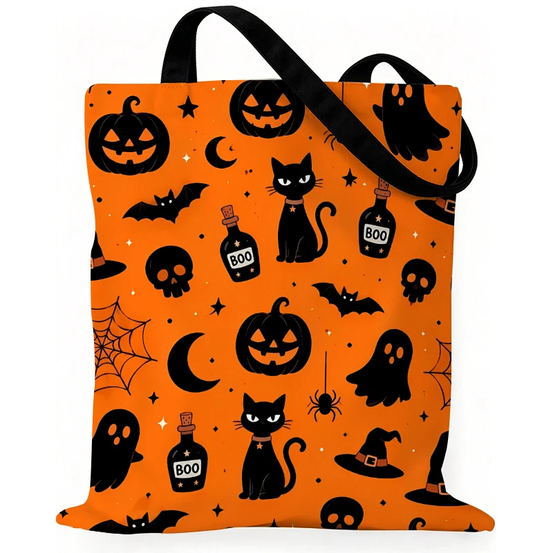 Halloween Themed Canvas Handbag Spooky House Pumpkin Pattern ToteBag Reusable Shopping Shoulder Bag for Party Holiday Decor Gift