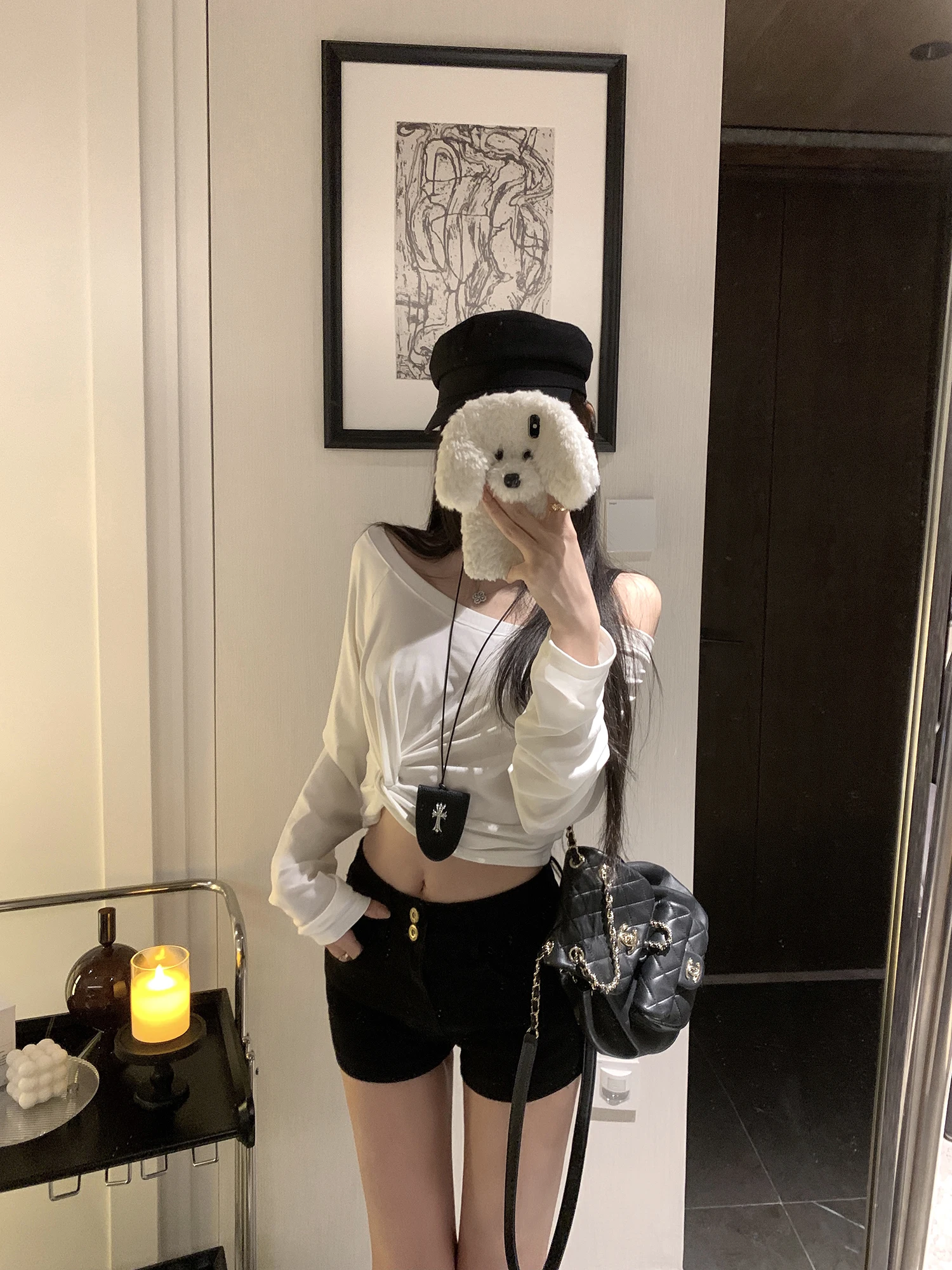 

NAYA CHAN Женская футболка Long Sve Twist Knot Neline Silk Casual Sle oulder Baring Side Slanting Round Ne Top