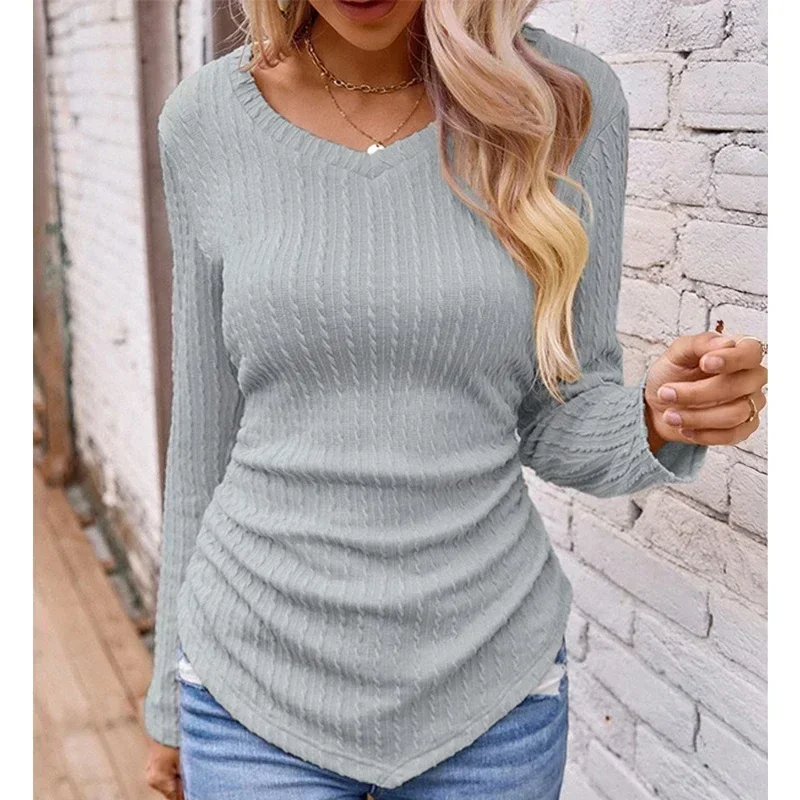 Long Sleeve Slim Fit Tees Clothes Irregular V-Neck Solid Color Knit Tops New Autumn Winter Bottoming T-shirts for Women 30149