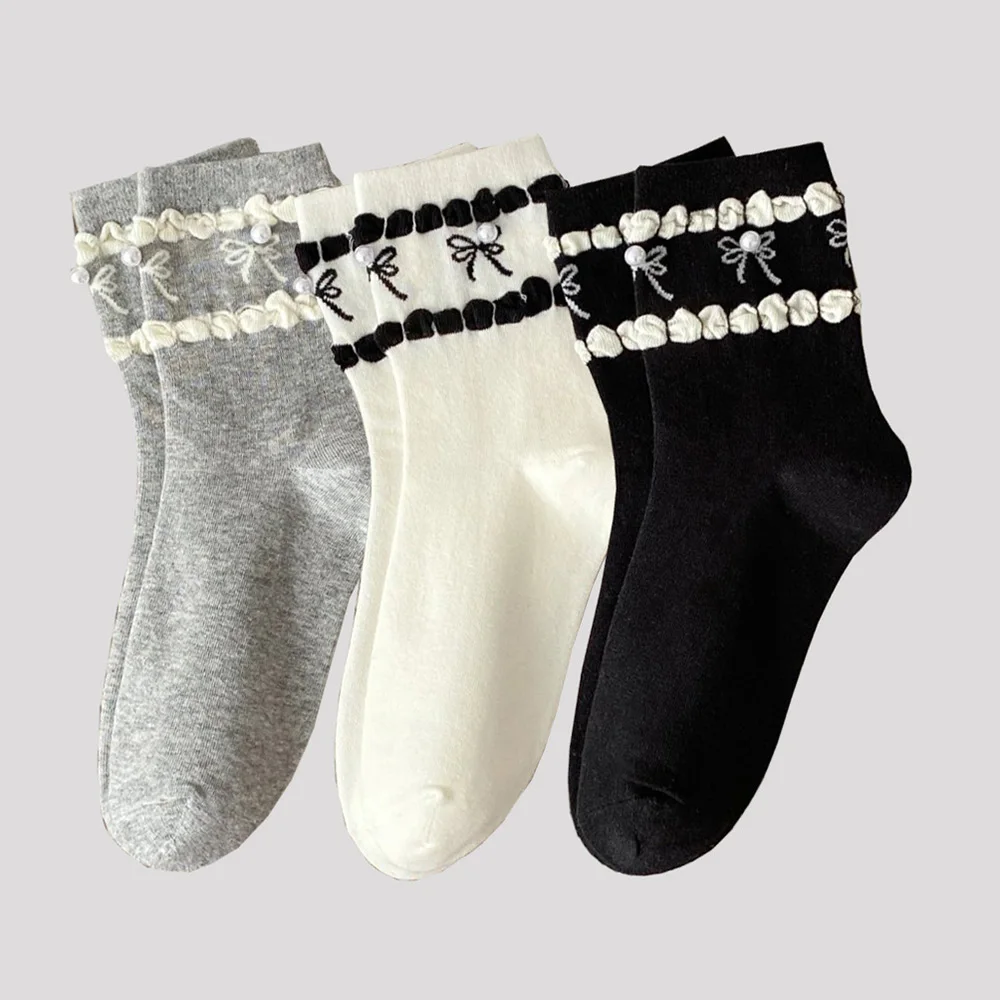 3-teiliges Damensocken-Set im japanischen Stil, mittleres Rohr, lässige Mode, Blasendruck, lange Perlen-Accessoires, Socken für Damen, Herbst und Winter