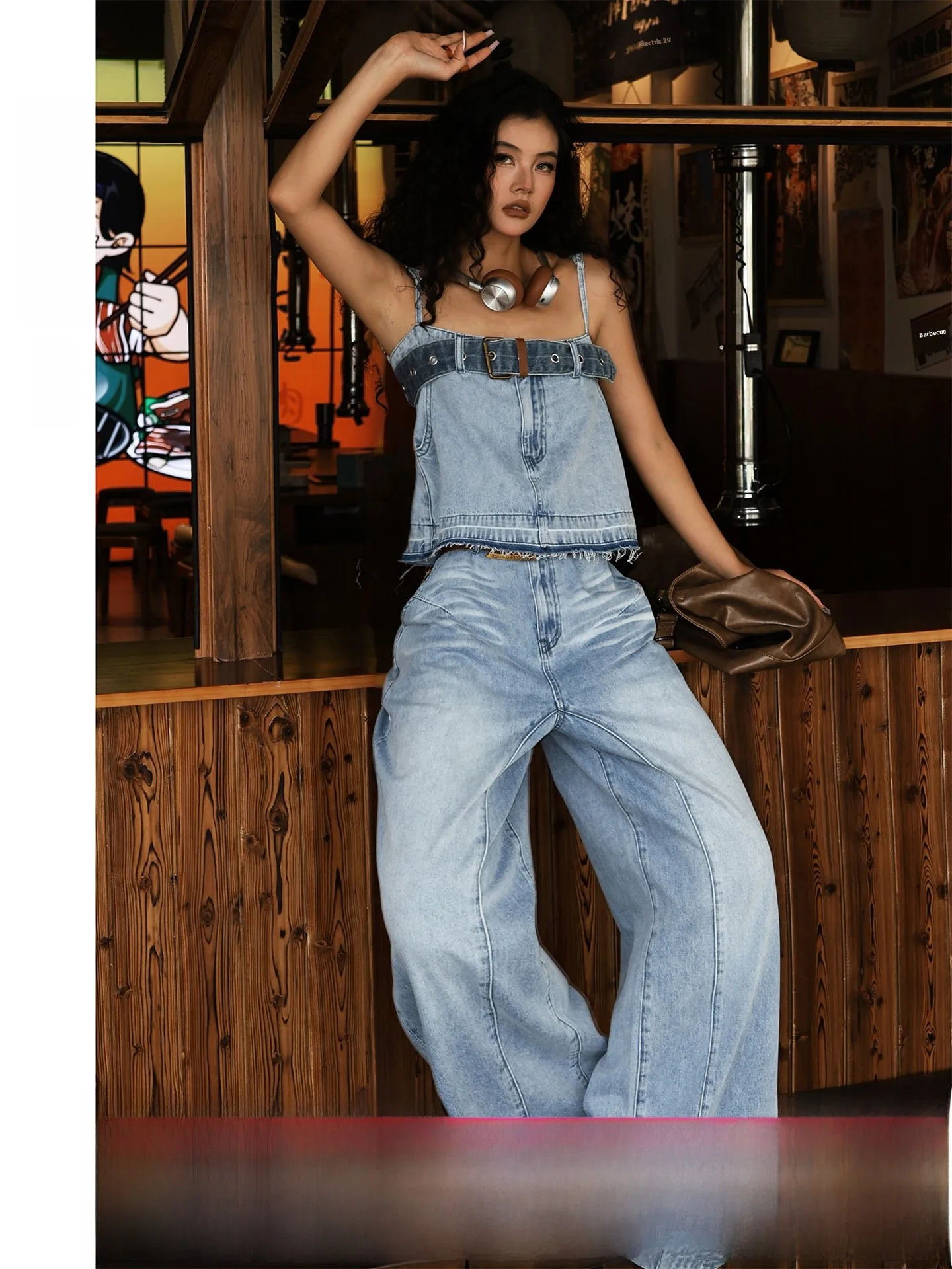 

Fashionable American Retro Denim Halter Top And Bottom Set Women's Casual Cotton Blend Elastic-Free Short Length Summer Outfit