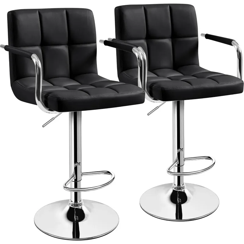 Bar Stools Set of 2, PU Leather Adjustable Swivel Barstools, Hydraulic Kitchen Counter Height Bar Chairs with Armrest and Back