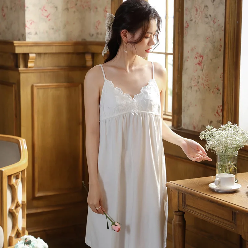 Vintage Cotton Sling Nightgown Embroidery Nightdress Princess Sleepwear Women Fairy White Peignoir Dress Gown