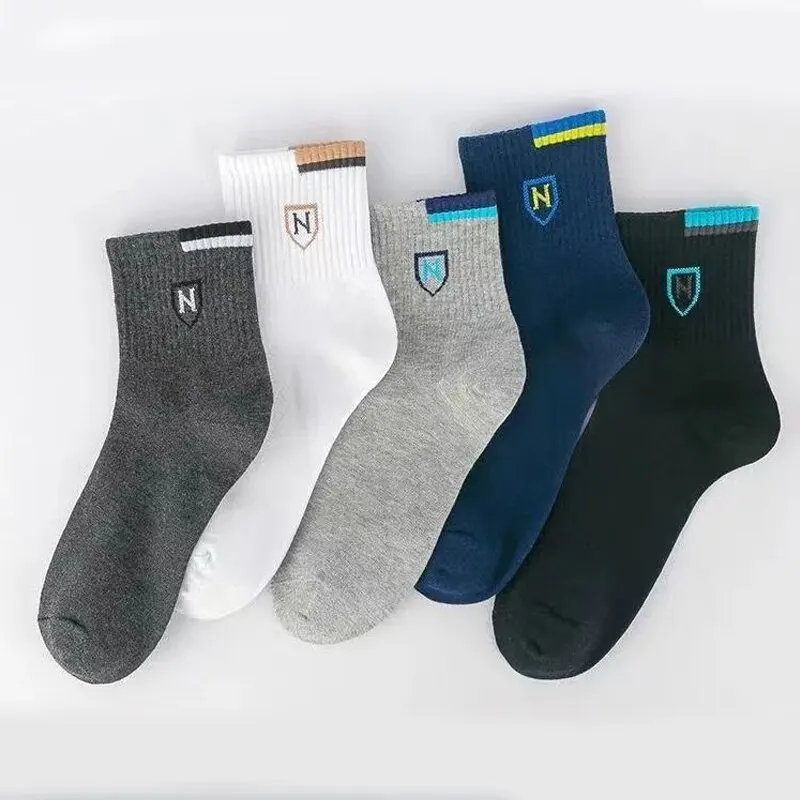 5 Pairs Men\'s Medium Length Socks Can Be Worn With Letter Pattern In All Seasons Sports And Fashion Socks