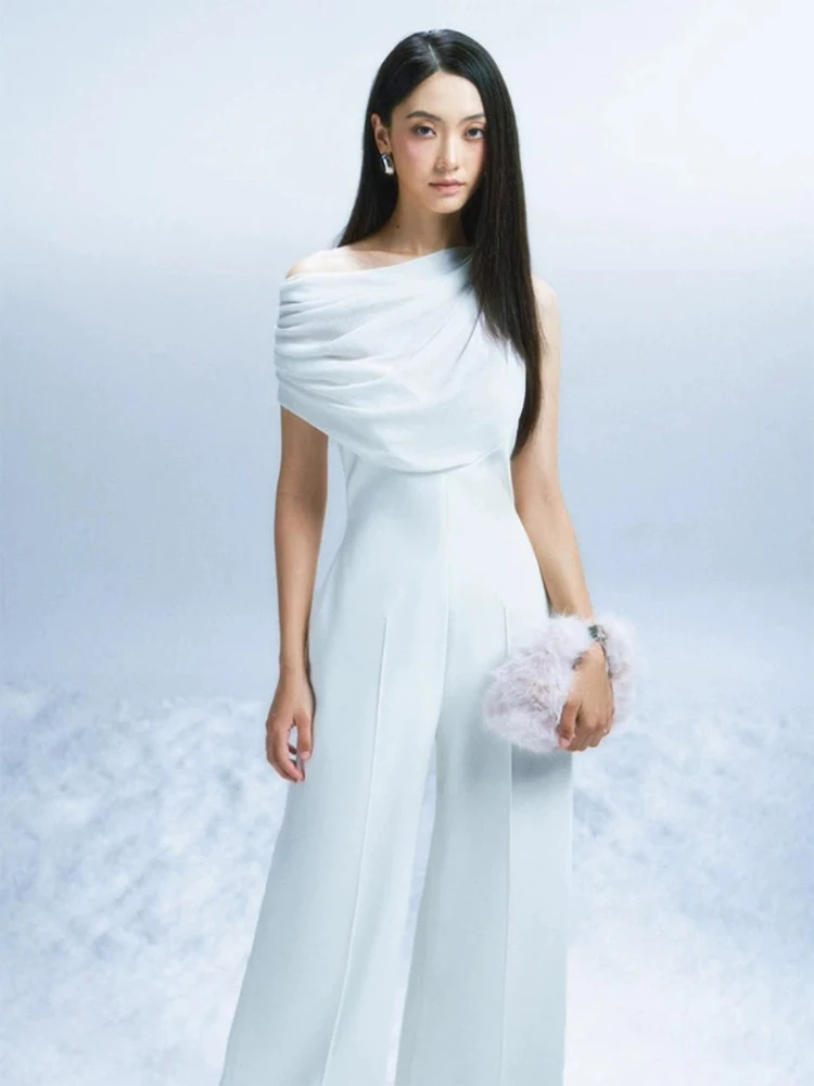 Elegant White Wide Leg Jumpsuit Women's High Neck Hanging Neck One-Piece Suit Commute High Waist Long Pants Luxury Style