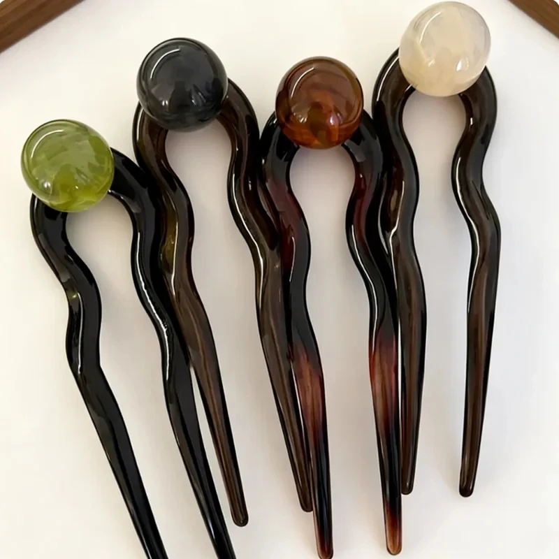 Fashion Colored Pearl U-Shaped Hair Sticks Hairpin Hair Fork Bun Sweet Trendy Acrylic Hair Clip for Women Girls Hair Accessories