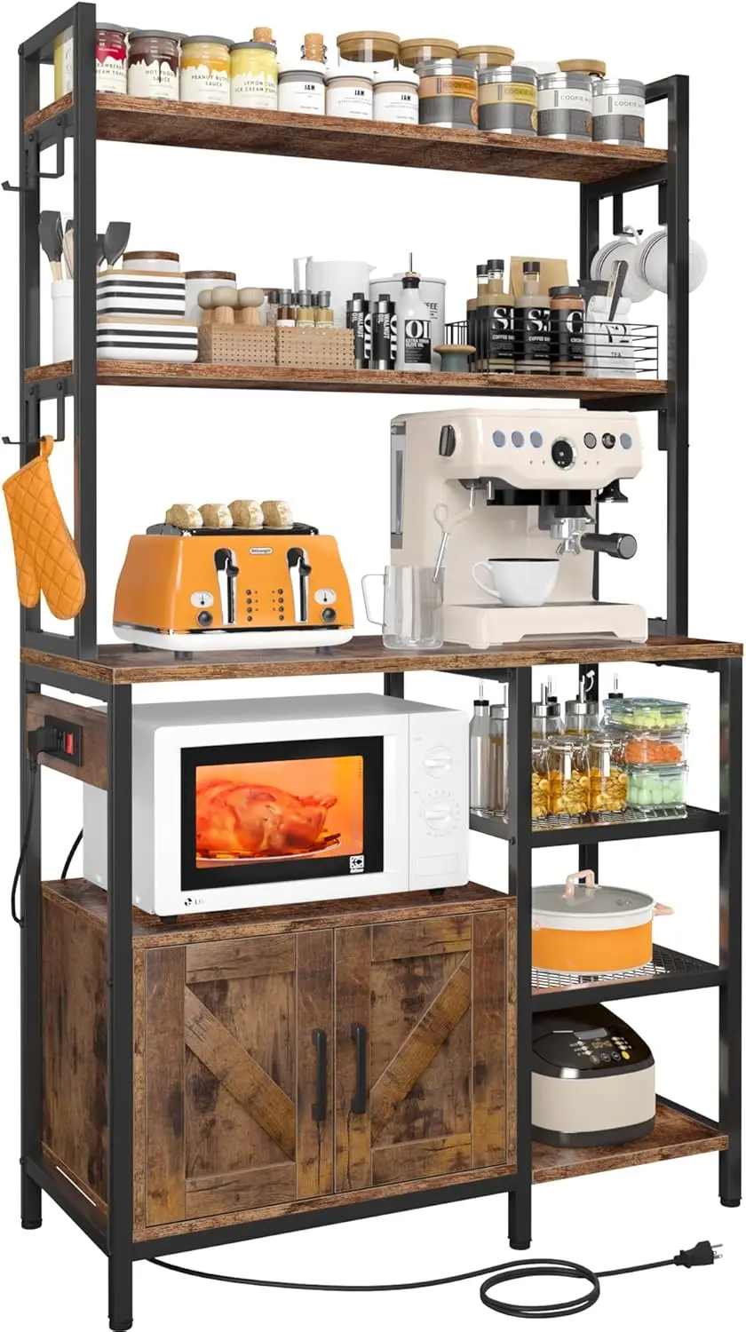 Bakers Racks for Kitchens with Power Outlet, 6-Tier Microwave Stand with Storage Cabinet, Farmhouse Kitchen Coffee Bar with Side