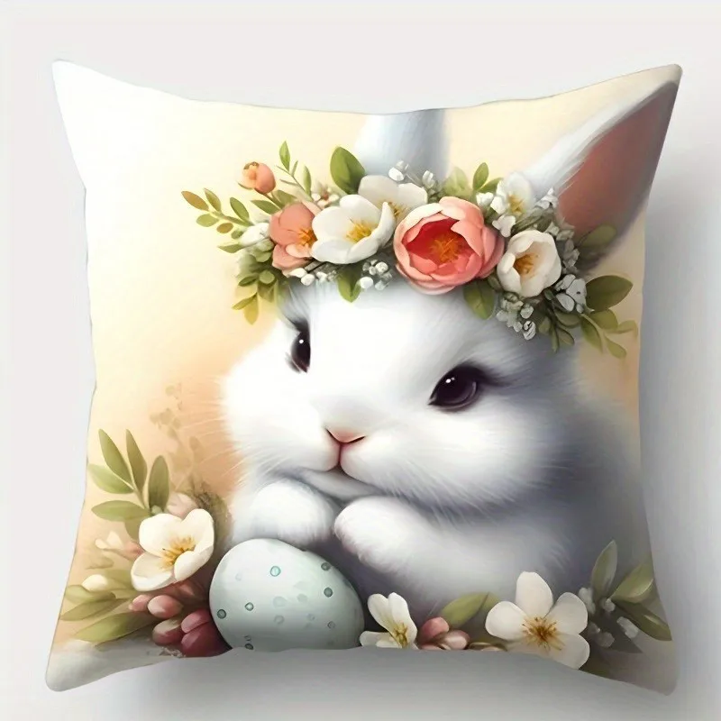 Bunny And Lamb Pattern With Flower And Rainbow Pattern Cushion Cover For Sofa, Bedroom, Car, Pillow Cover
