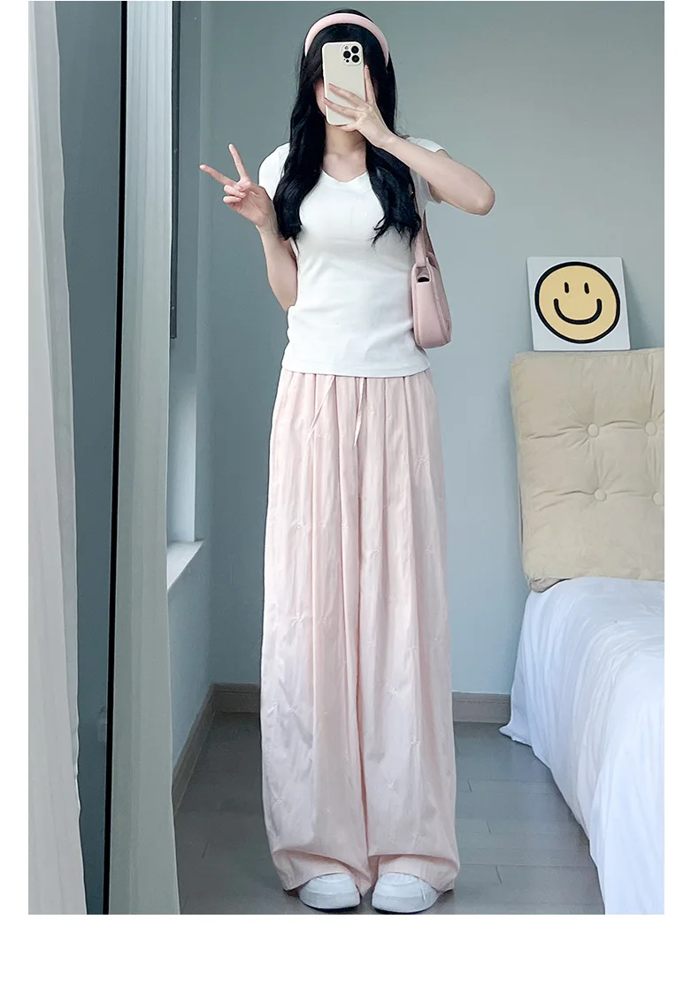 와이드 레그 팬츠 코튼 여성용 가을 클래식 트랙팬츠 세로 주름 성인 미니멀리스트 맞춤형 디테일 바지 하이스트리트 Y2K