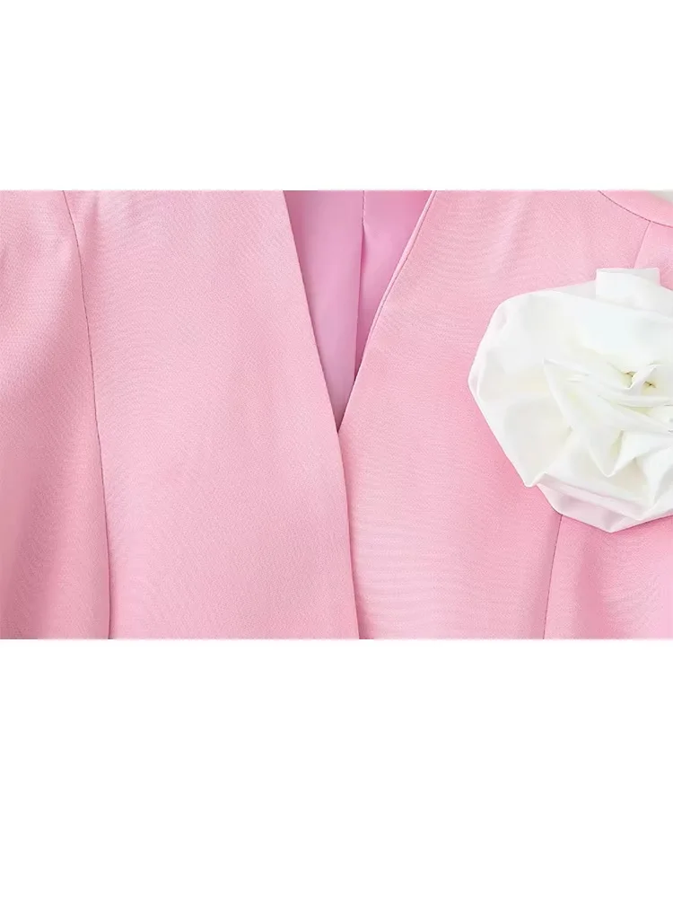 HH Frauen Herbst V-ausschnitt einreiher Kurzen Ärmeln Blazer Top Weibliche Chic Plissee 3D Blume Vintage 2-Farbe jacke Mujer