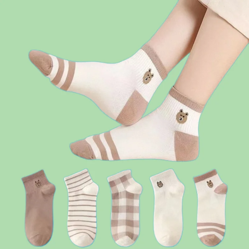 Chaussettes bateau décontractées pour femmes, bouche peu profonde fine, style collège mignon, ours, haute qualité, printemps, été, 5/10 paires