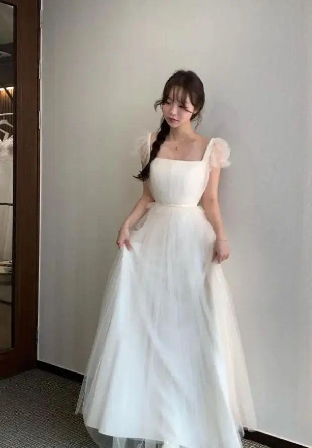 OLOEY Simple A Line Tulle Wedding Dresses Korea Customised Short Sleeves Floor Length Bridal Gowns Corset Back Mariage 2024