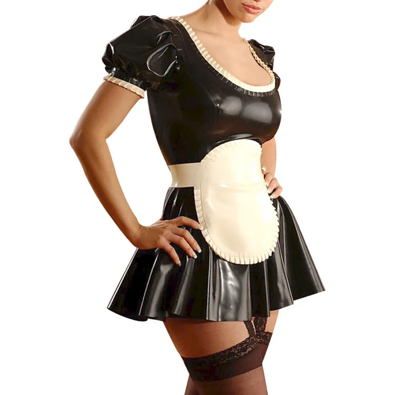 

Black And White Short Puff Sleeves Sexy French Maid Latex Dress With Apron Rubber Uniform Bodycon Playsuit LYQ-0277