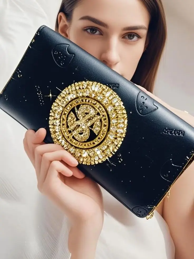 New Cross-Border Pu Handmade Rhinestone Women's Long Wallet, Black Rotating Dollar Coin Double Zipper Clutch Bag, Large Capacity Multi-Card Slot Phone Bag, Sequin Party Evening Purse, Gift