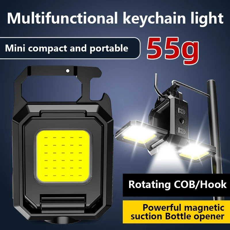 LED COB Keychain Work Light with Dual Light Source 5Mode Rechargeable High Lumens Portable LED Light for Camping Hiking Running