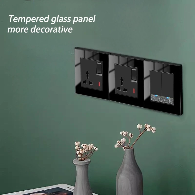 Black Glass USB C Interface with British Socket Double-layer Power Socket USB AC Ports, with On/off Button Wall Power Socket 13A