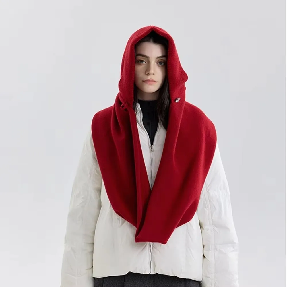 New 2 in 1 Balaclava Hood Hat Scarf One-Piece Solid Color Winter Crochet Beanie Hat Knitted Hooded Scarf for Women