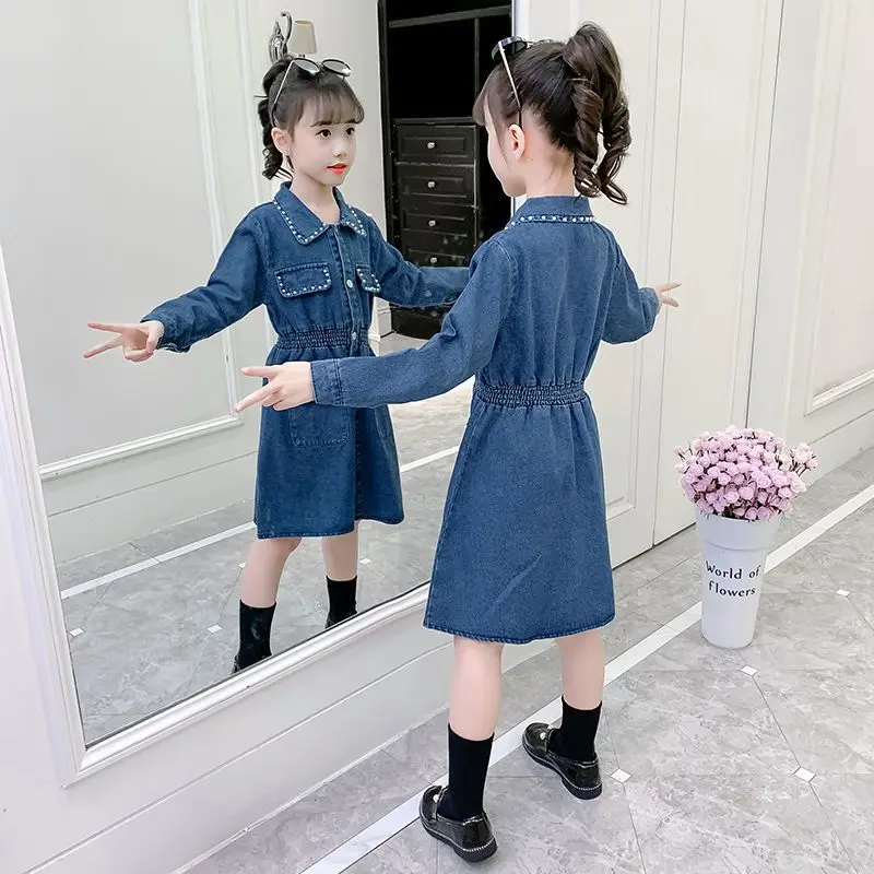 2026 Spring Autumn Girls Korean Style Long Sleeve Denim Dress Kids Casual Jeans Dress Children Clothing