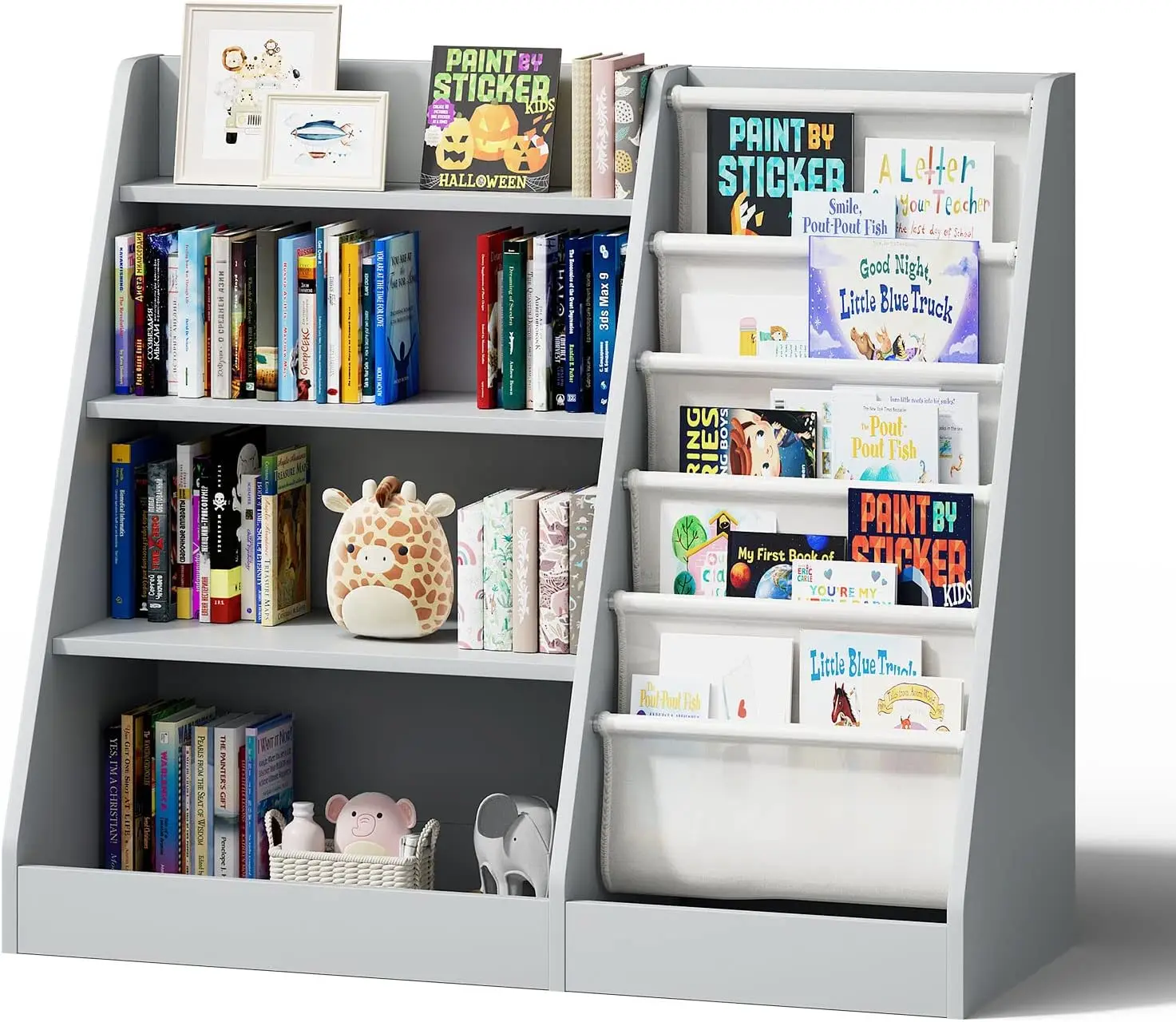 Gray 4 Tier Kids Wooden Bookshelf,Five Layer Sling Toddler Front Facing Bookcase,Baby Kids Storage Book Rack,Book and Toy