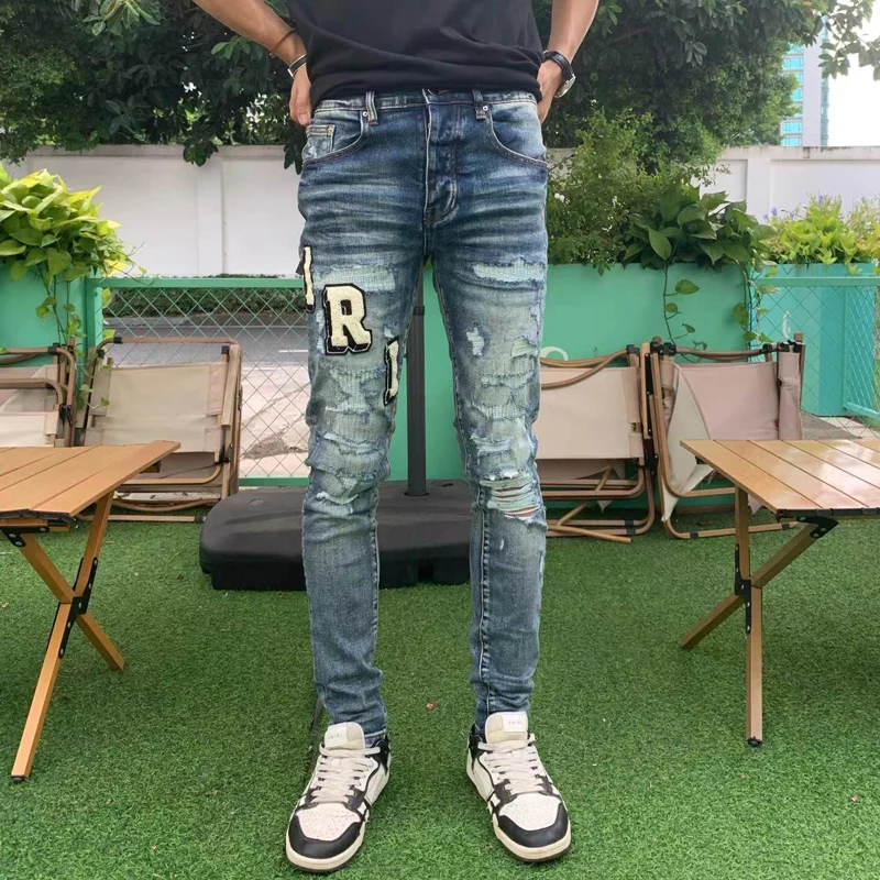 High street designer fashion new men's jeans stretch tight retro light blue patchwork embroidered jeans hip-hop brand pants Hoom