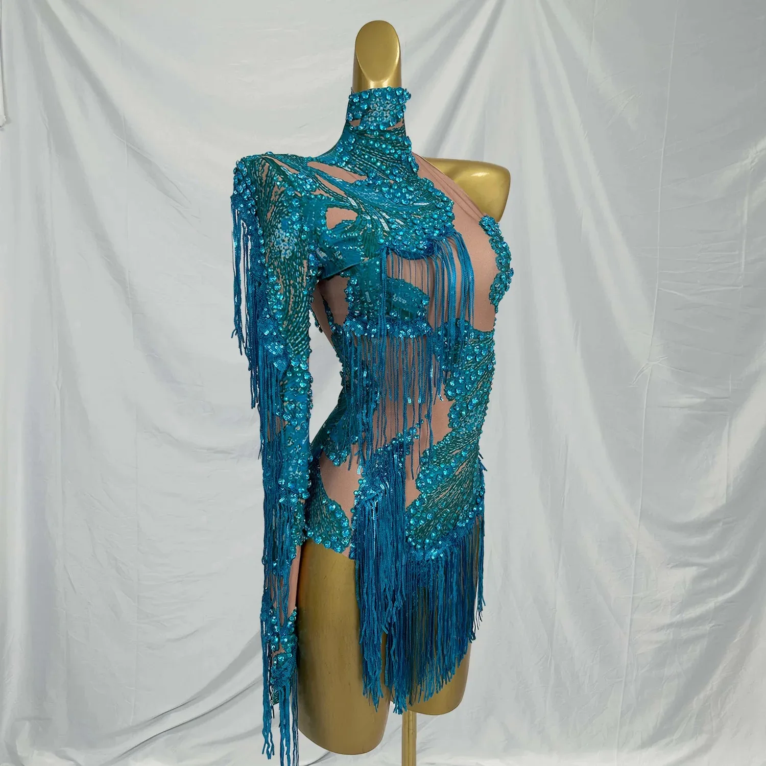 

Женский комбинезон с бахромой и одним рукавом для выступлений, монокини-боди для карнавала и праздников