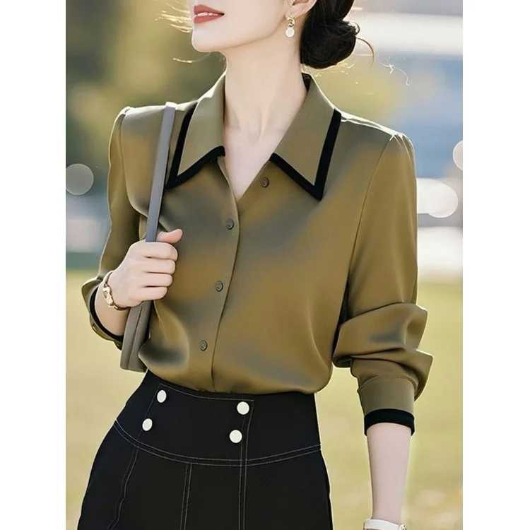 

Women's Casual Shirt Green Satin Lapel Soft Blouse High-end Luxury Commuter Layering Tops Spring Autumn One-piece Single Wear